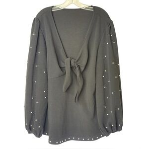 Boture Curve Black Blouse Long Sleeve Tie Front Pearl Embellished Womens 4XL Top